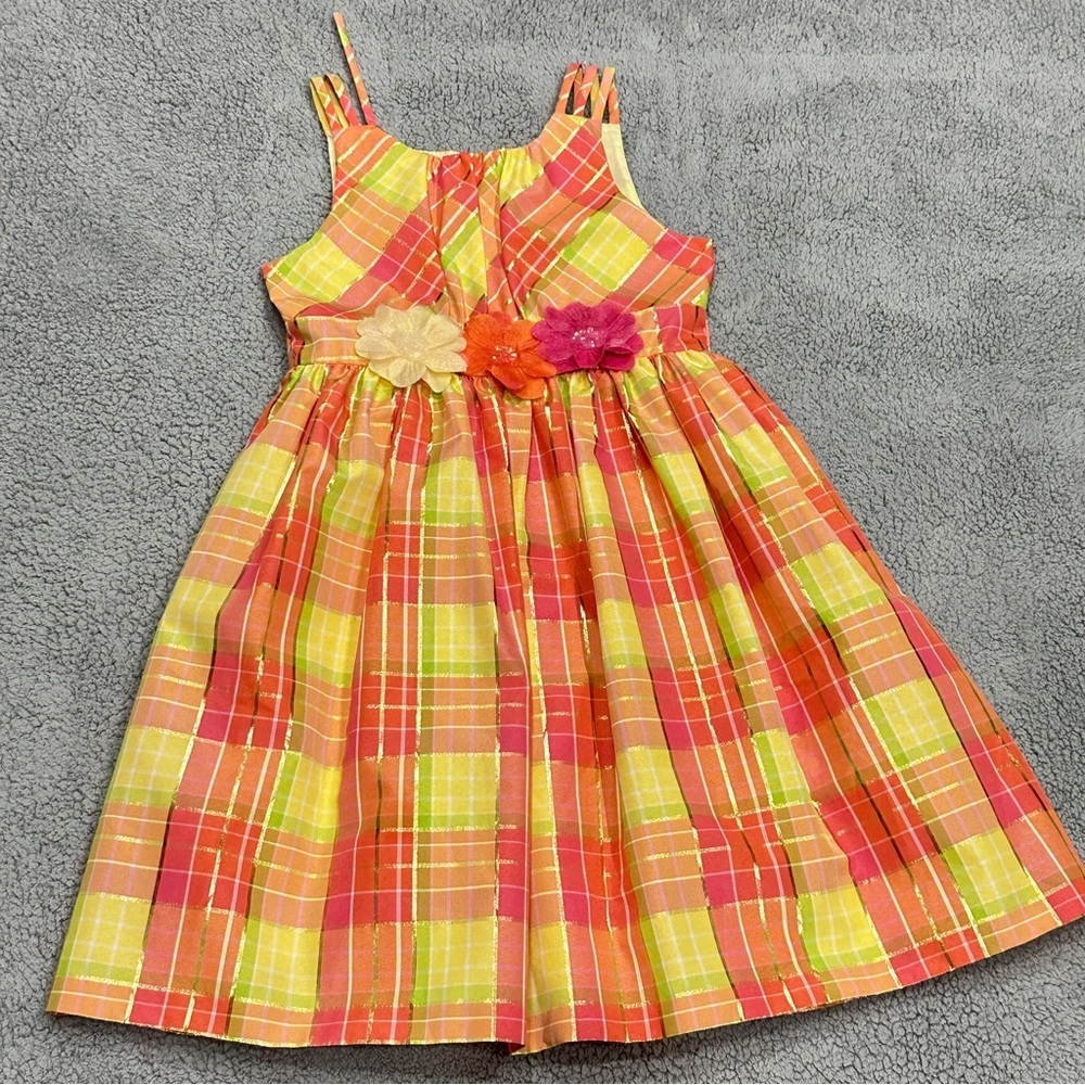 👉 Bonnie Jean Girls Plaid Dress – Size 7 Floral Belt Sleeveless Bow Back